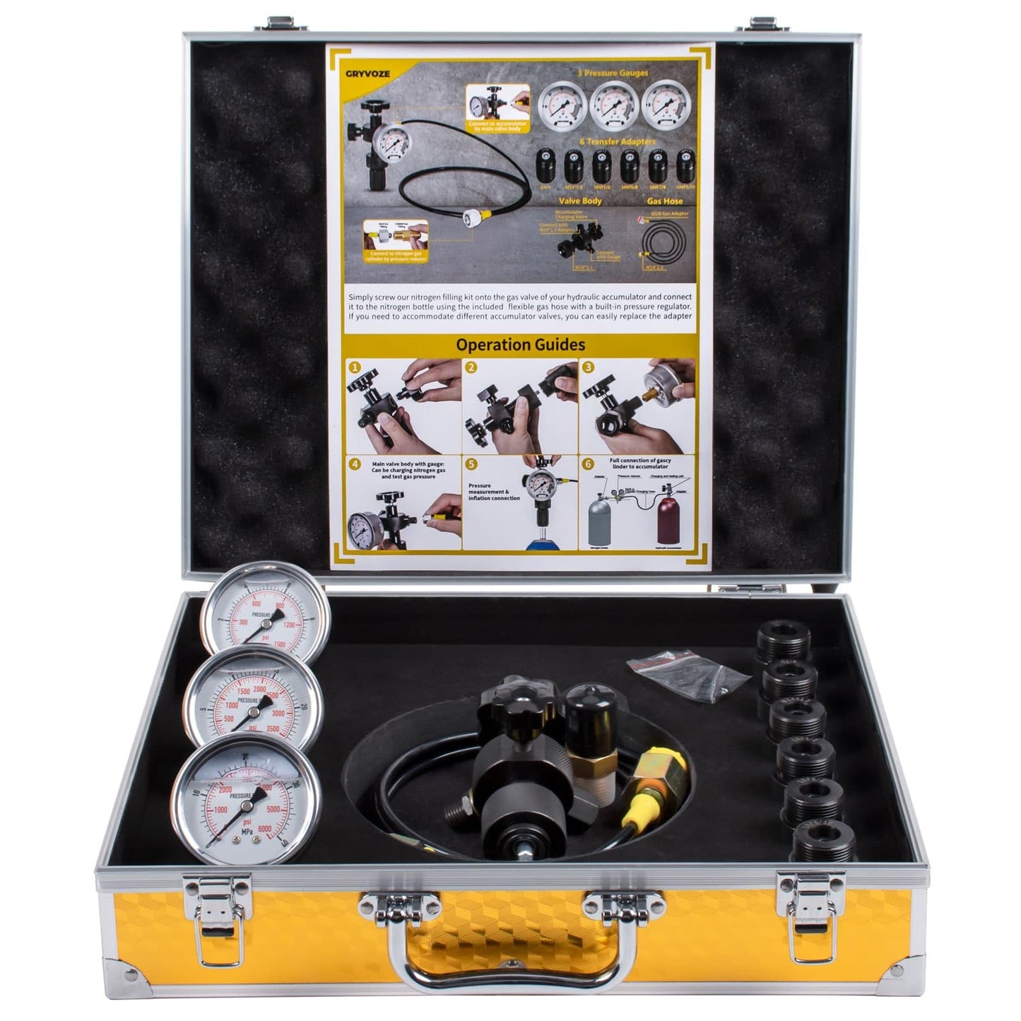 Kit de carga de acumulador de nitrógeno hidráulico, sistema de prueba de presión, kit de llenado de nitrógeno, herramientas de carga de gas con 3 indicadores (1500, 3500, 6000 PSI), 8