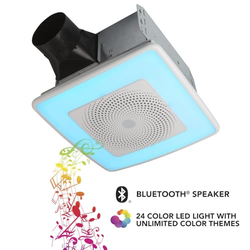 Broan-NuTone ChromaComfort SPK110RGBL - Extractor de baño con altavoz Bluetooth, potente 110CFM/1.5 Sones, luz LED de 24 colores, SPK110RGBL, interruptor de pared