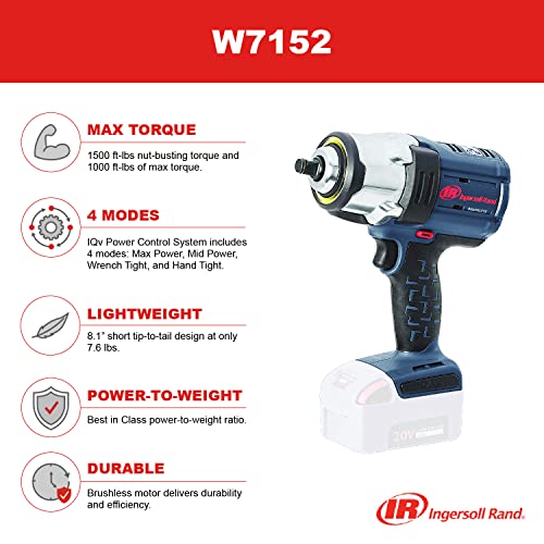 Ingersoll Rand W7152 Llave de impacto inalámbrica de 1/2" y 20V, torque de 1500 ft-lb, retenedor de anillo de fricción, pistola, herramienta desnuda
