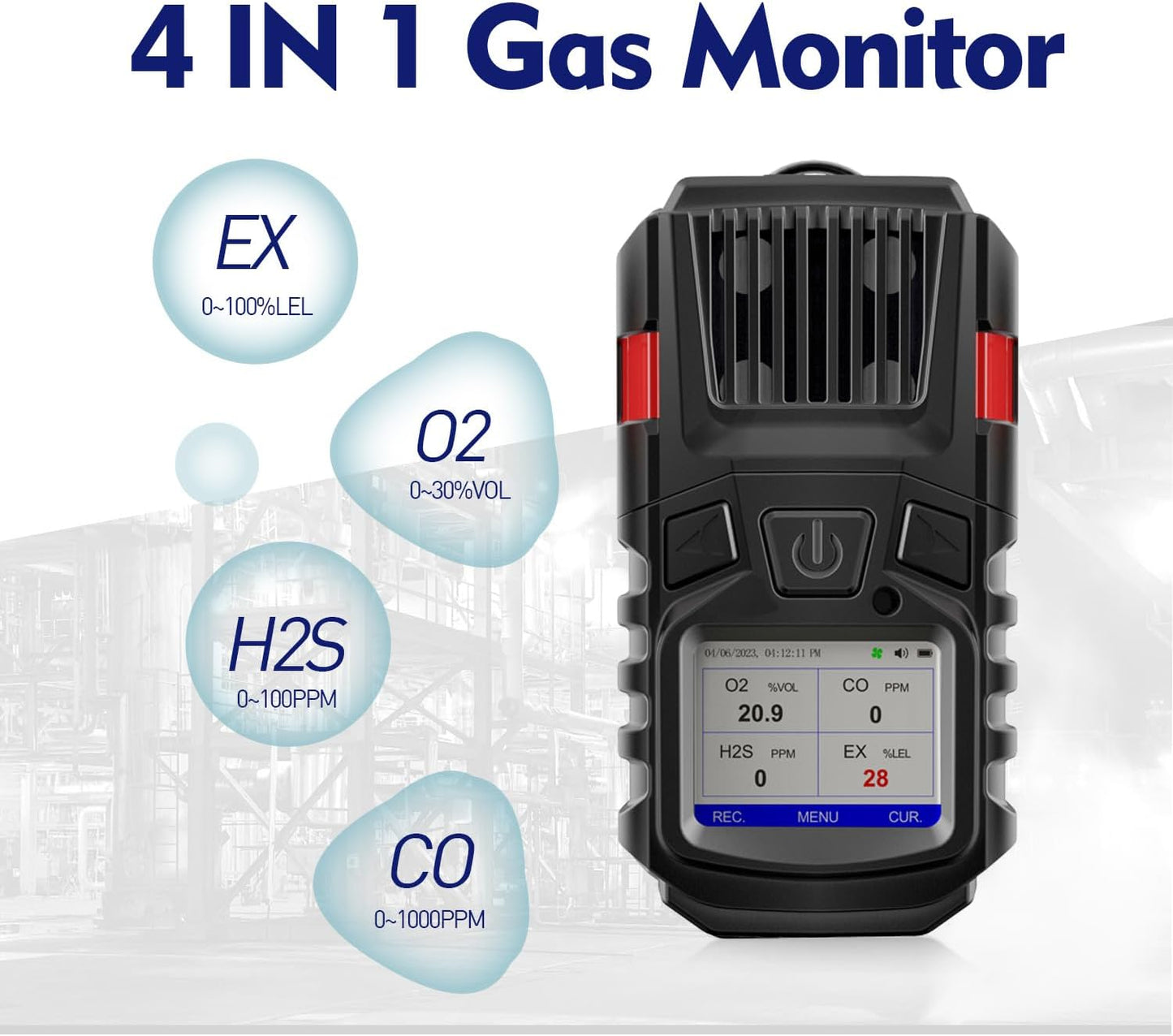 Detector de gas, 4 monitores de gas, detector de gas múltiple EX O2 H2S con clip, detector de gas recargable de 3000 mAh, vista de registros y curvas, monitor de gas portátil de 4 gases, detector de