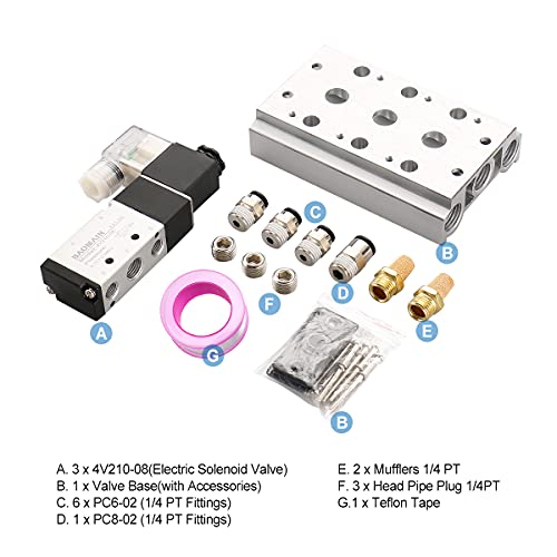 Baomain Válvula solenoide neumática 4V210-08 DC 24V 3 espacio 2 posiciones 5 vías triple silenciadores Quick Fittings Base Set. 4V210-08 -3p 24VDC