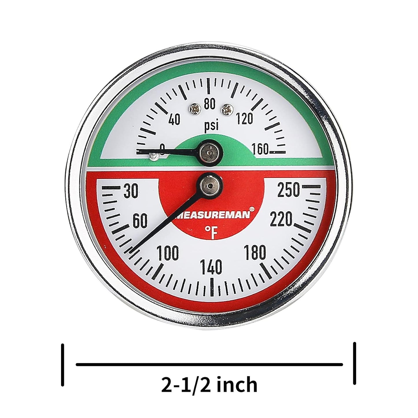 Measureman Tridicador, termo-manómetro, 2-1/2 pulgadas, relleno de aceite de silicona, 0-160 psi/30-250 grados F, caja de acero inoxidable, medidor de presión de montaje inferior NPT de 1/4 pulgadas