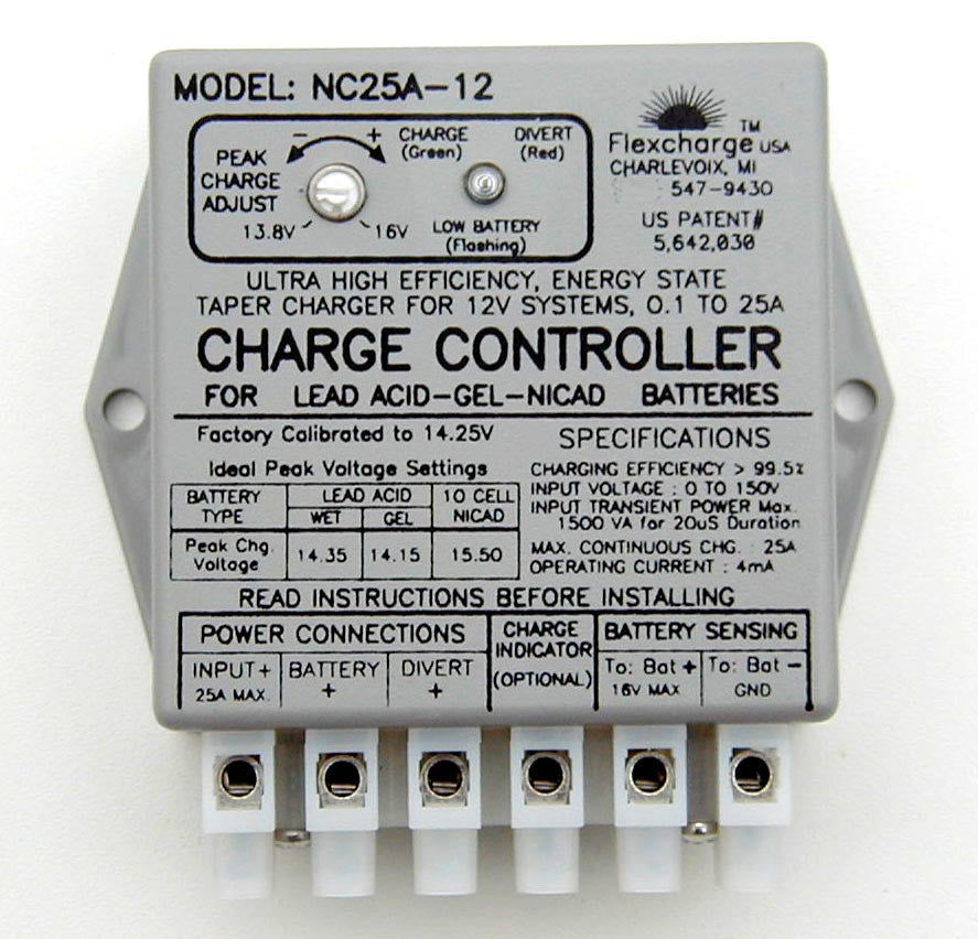 Controlador de carga híbrido para turbinas eólicas e hidroeléctricas Flexcharge NC25A-12 de 12 voltios (EE. UU.)