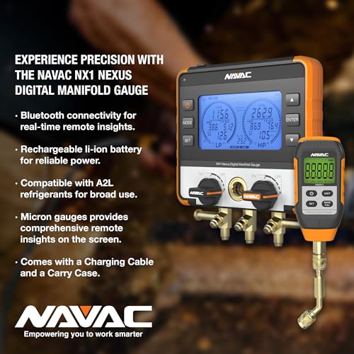NAVAC NX1V Nexus - Manómetro digital para sondas de temperatura, con Bluetooth para sondas de temperatura, resistente a los impactos con cuerpo de aluminio y cubierta de goma, compatible con A2L