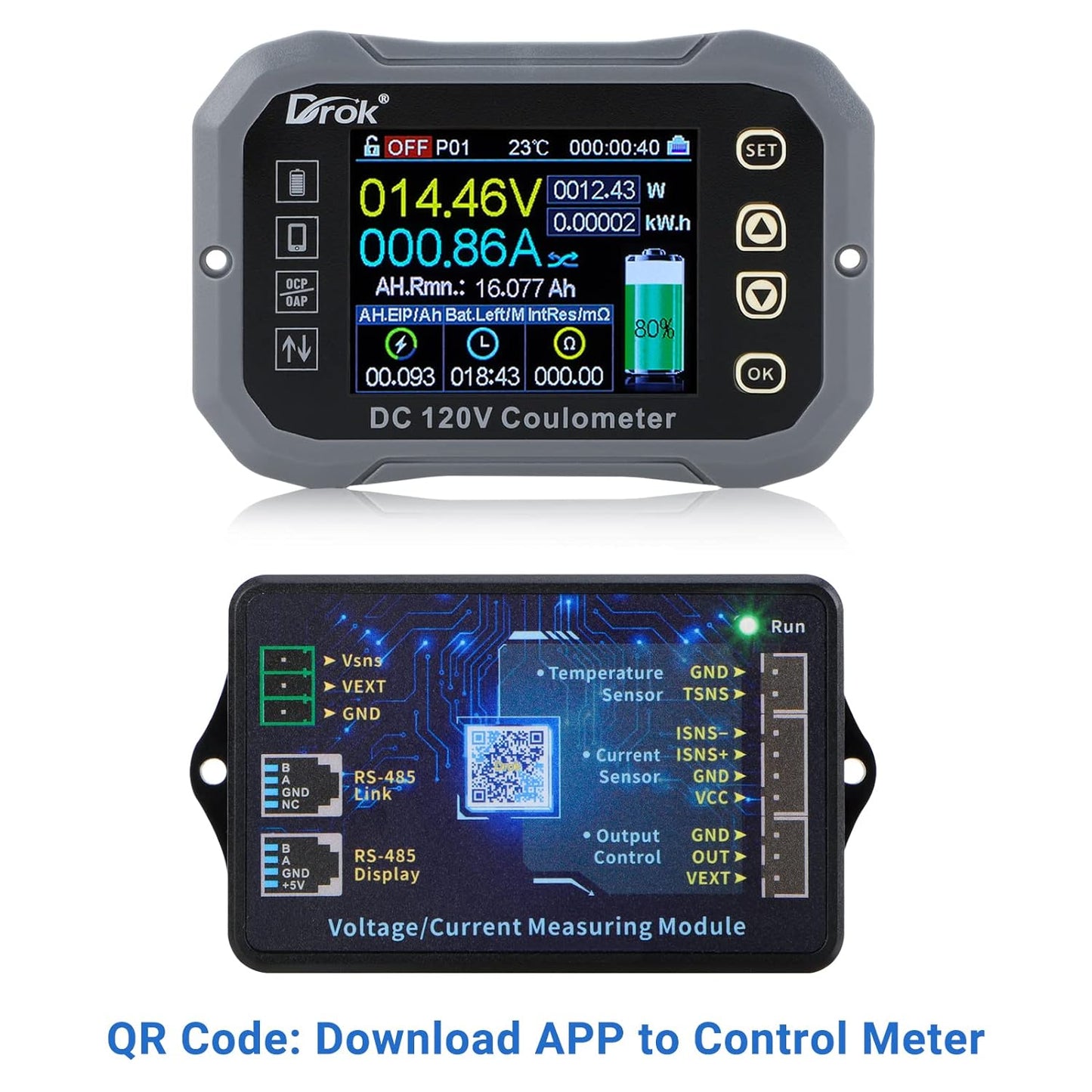 DROK - Multímetro de carga y descarga, 0-120 V 100 A CC voltímetro acoplador, control de aplicación de teléfono celular, monitor de batería LCD, voltaje, temperatura, capacidad de potencia, monitor de