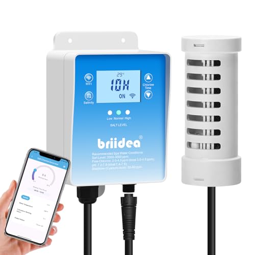 Generador de Cloro de Sal WiFi, Generador de Cloro Briidea con Célula de Sal de Titanio de EE. UU., Monitoreo por APP y Alertas de Sal en Tiempo Real, para Spas de Natación de Hasta 2,000 Galones