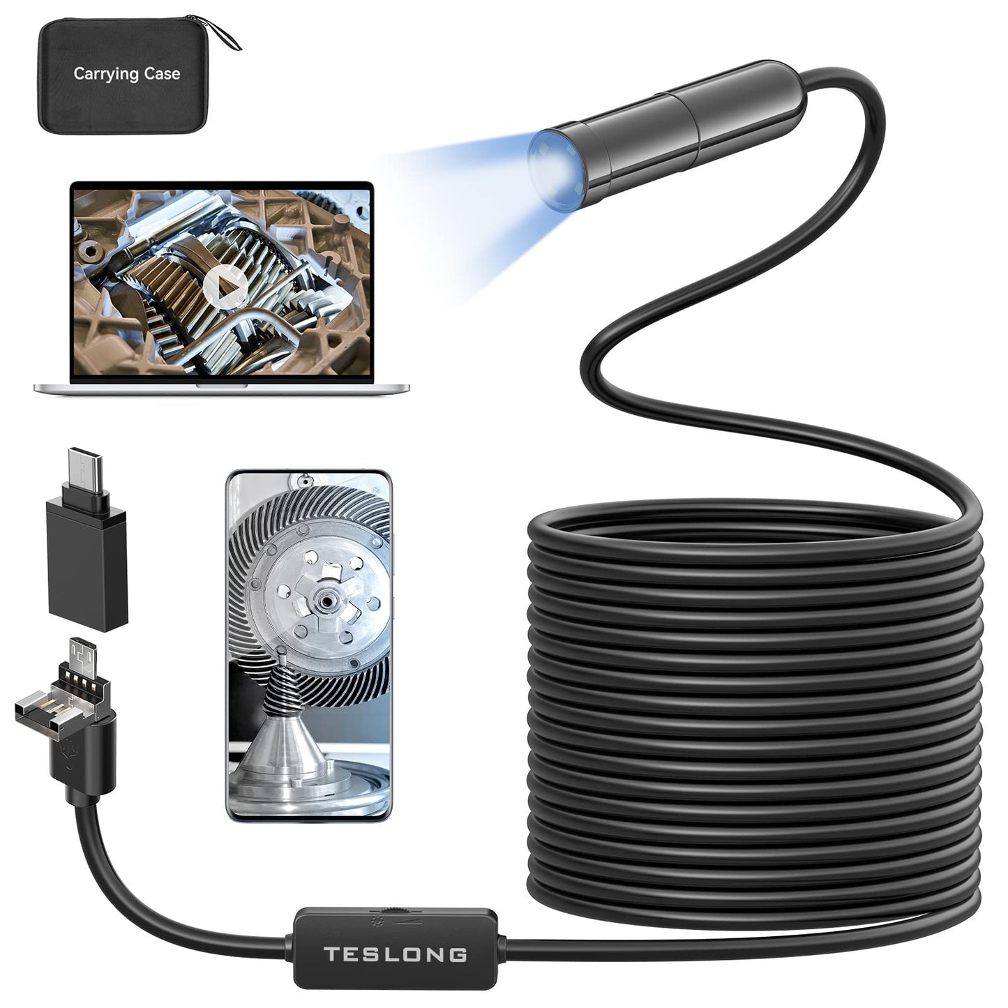 Teslong - Endoscopio de enfoque automático de 5 MP, boroscopio USB de tercera generación con cámara de inspección de 5.0 megapíxeles, cable semirrígido impermeable de 16.5 pies y sonda de luces LED ajustables para teléfonos Android, Windows MacBook