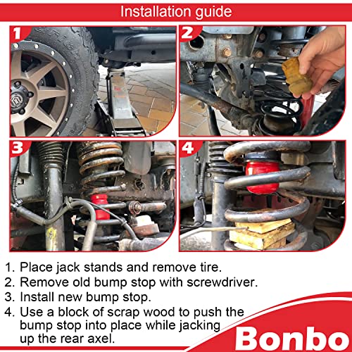 Bonbo - 4 piezas mejoradas 1-1303 Bump Stop & 1-1304 Bump Stop Poliuretano delantero y trasero para Jeep Wrangler JK JKU Sport Rubicon Sahara Freedom Unlimited 2007-2018