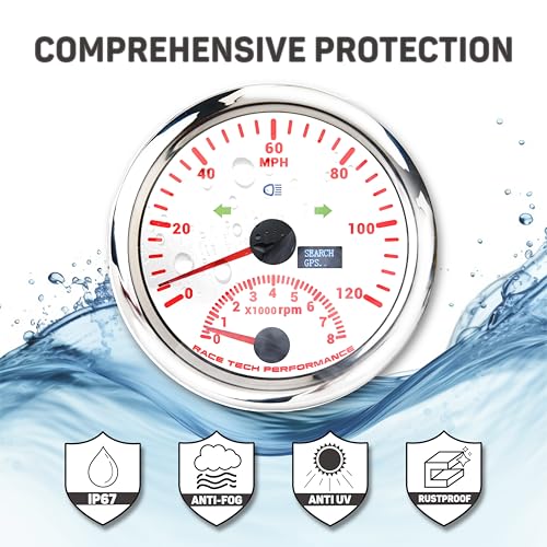 Juego de instrumentos marinos de calibre 5, luz indicadora blanca, 3-3/8 pulgadas, velocímetro GPS, tacómetro de 120 MPH, tacómetro de 8000 rpm, 2-1/16 pulgadas, medidor de combustible,