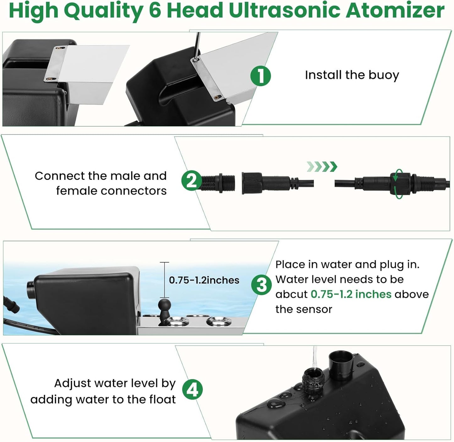 Máquina ultrasónica de niebla de 10 cabezales, añade cabezales atomizadores de repuesto, 350 W a prueba de agua, humidificador ultrasónico de niebla con flotador, para preservación de