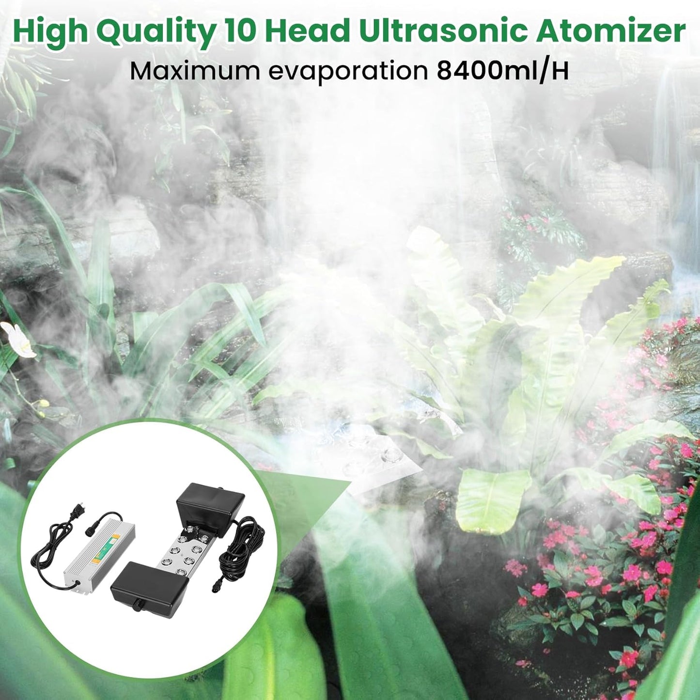 Máquina ultrasónica de niebla de 10 cabezales, añade cabezales atomizadores de repuesto, 350 W a prueba de agua, humidificador ultrasónico de niebla con flotador, para preservación de