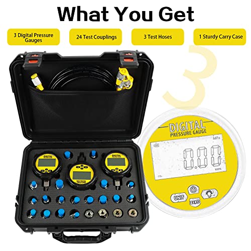 Kit de acoplamiento de prueba de presión hidráulica digital 70P con 2 piezas 70MPa/1 unid 16 MPa calibradores 22 acoplamientos de prueba 3 mangueras de prueba para Caterpillar John Deere