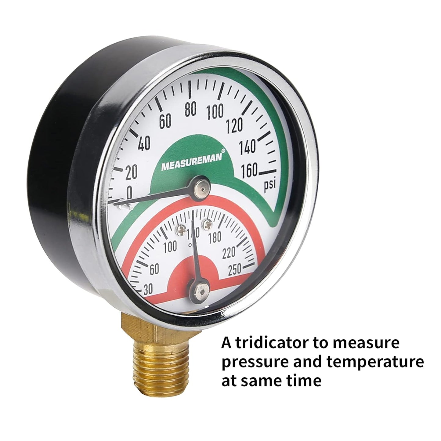 Measureman Tridicador, termo-manómetro, 2-1/2 pulgadas, relleno de aceite de silicona, 0-160 psi/30-250 grados F, caja de acero inoxidable, medidor de presión de montaje inferior NPT de 1/4 pulgadas