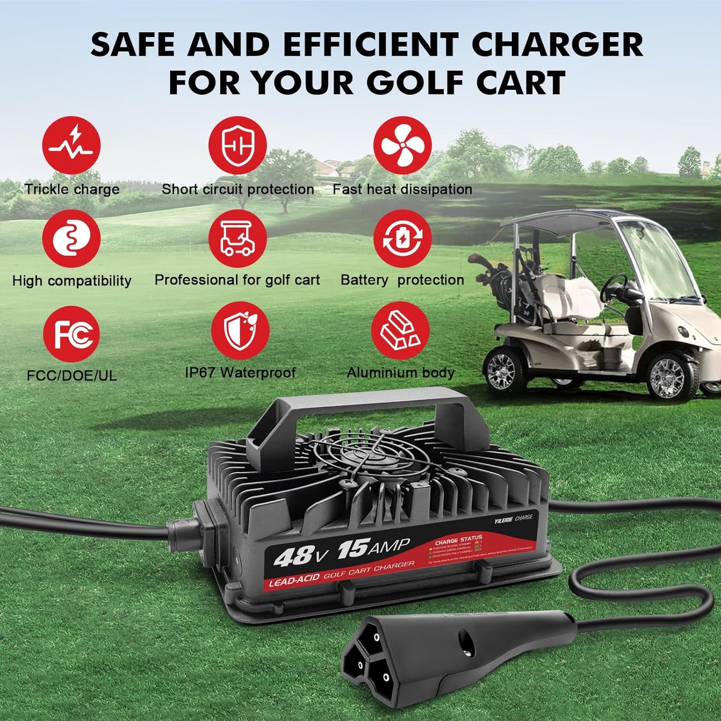 Cargador de carrito de golf de 15 amperios para EZGO y TXT de 48 voltios con enchufe Delta-Q de 3 pines