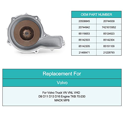 Bomba de agua 85124623 85109694 22197705 20538845 para Volvo VN VNL VHD D9 D11 D13 D16 B9L FH ENG VE16 FH ENG VE13 y MACK MP8 A25F/G 70G A3 Motor TKB 70.030 de 0F/G A30G A45G A60H EC750D EC950E