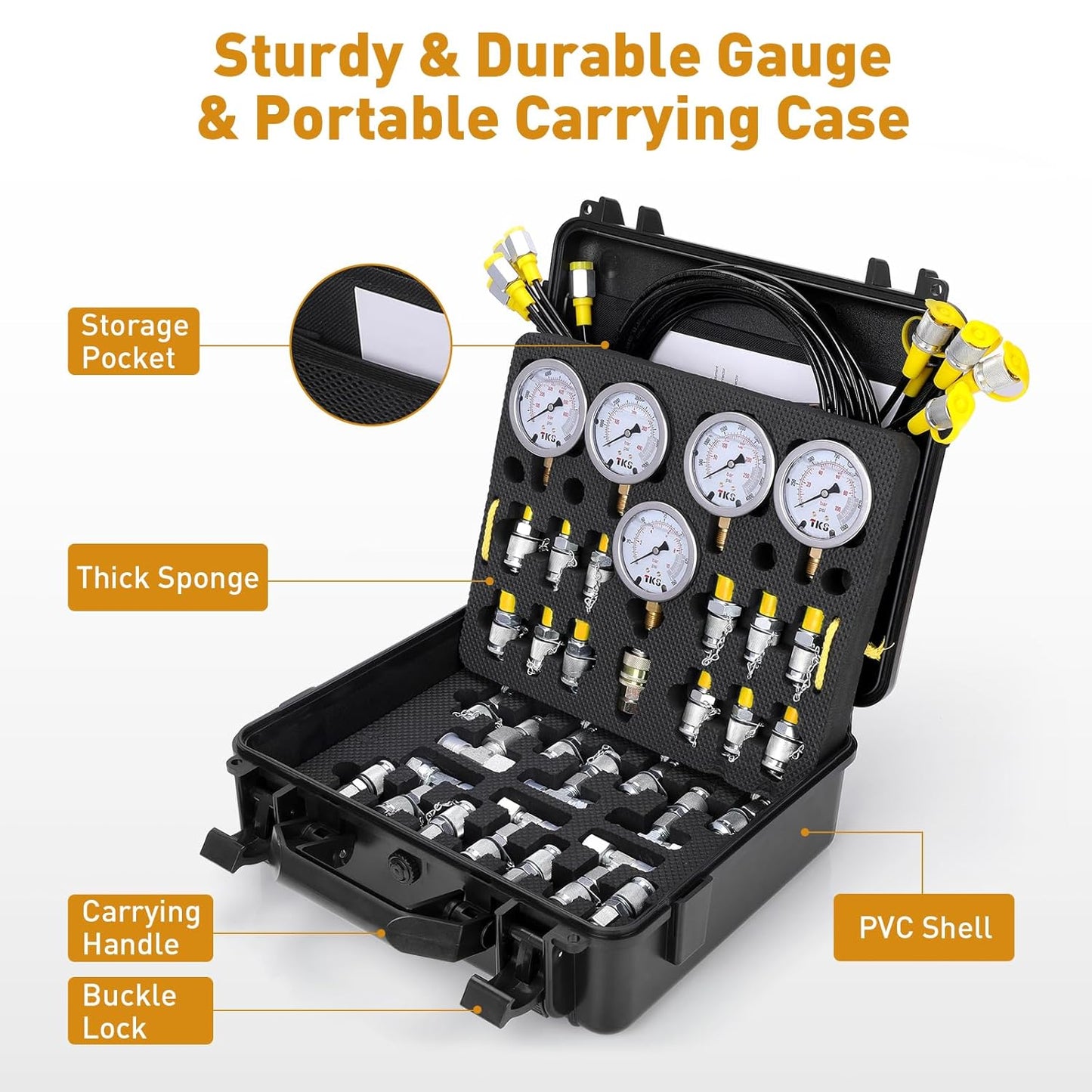 Kit de prueba de presión hidráulica, 600 bares/10000 psi/60 MPa, 5 calibradores, 13 acoplamientos de prueba, 14 conectores en T, 5 mangueras de prueba, kit de medidor de prueba hidráulica para