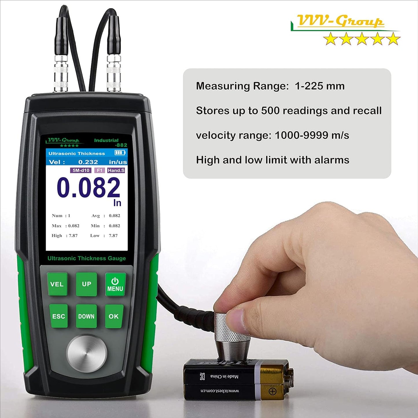 Medidor de espesor ultrasónico Industrial-882 / acero, metales, plástico, vidrio, PVC, medidor de espesor de tuberías, rango de 0.039 a 8.8 pulgadas, LCD de color HD de 2.4 pulgadas, calibración automática (todo el material)