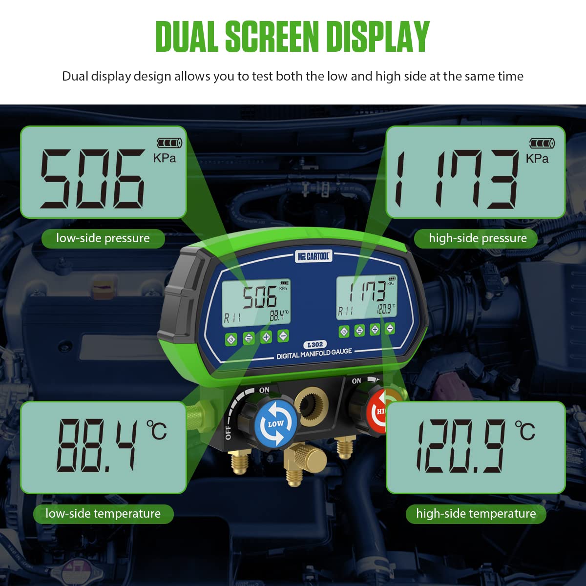 MR CARTOOL L302 - Juego de medidores digitales de 2 válvulas, sistemas refrigerantes HVAC, herramienta de comprobador de presión de fugas con 3 mangueras para aire acondicionado, refrigeración y
