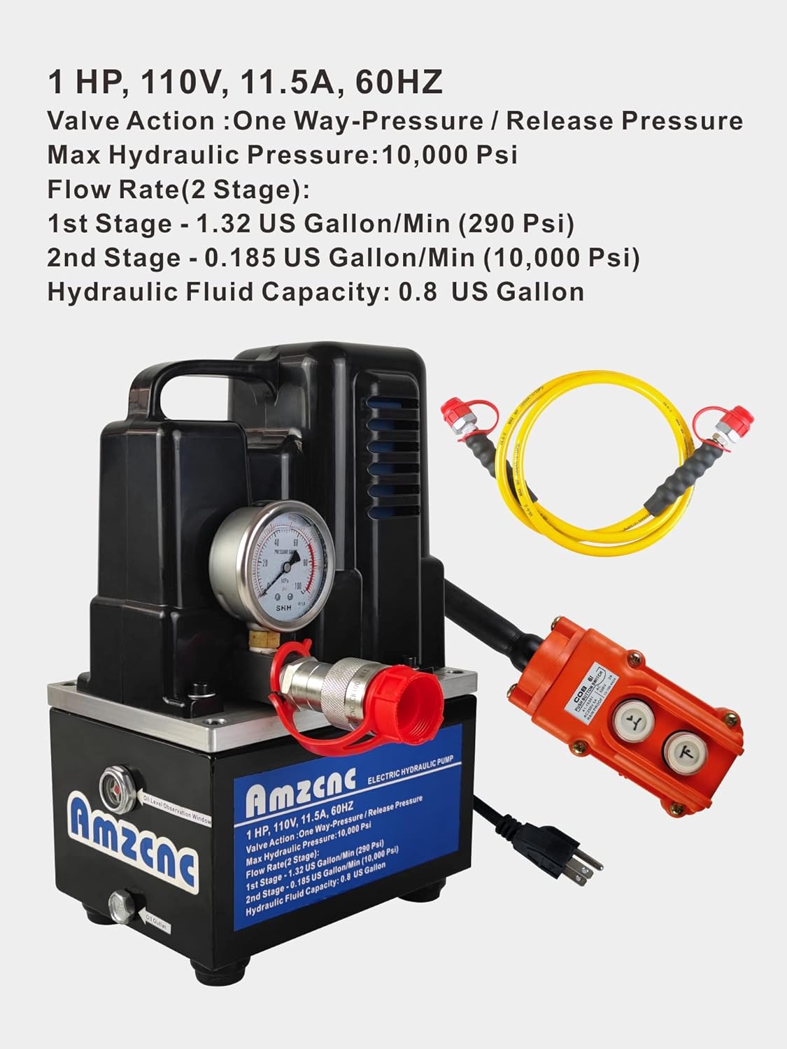 AMZCNC - Bomba hidráulica eléctrica bidireccional (2 etapas, doble acción, 110 V, 10 kpsi (10000 psi)