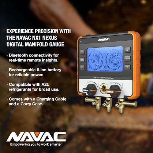 NAVAC NX1 Nexus - Manómetro digital para sondas de temperatura, con Bluetooth para sondas de temperatura, resistente a los impactos, con cuerpo de aluminio y cubierta de goma, compatible con A2L
