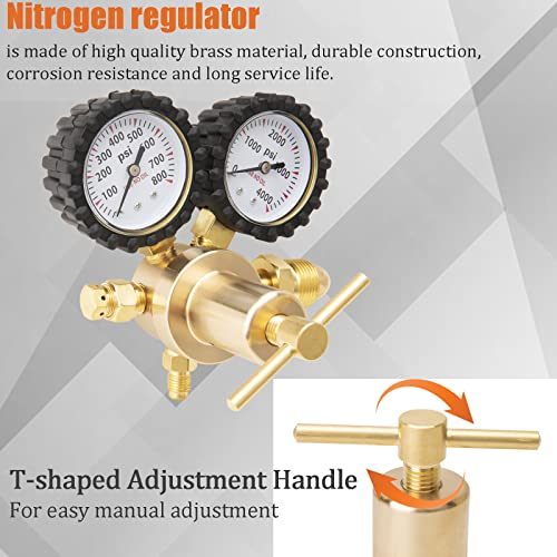 Regulador de nitrógeno HVAC con manguera de 60 pulgadas, regulador de nitrógeno 0-800 PSI de presión de salida, presión de entrada de 0-4000 PSI, conexión de entrada CGA580, conexión de salida macho