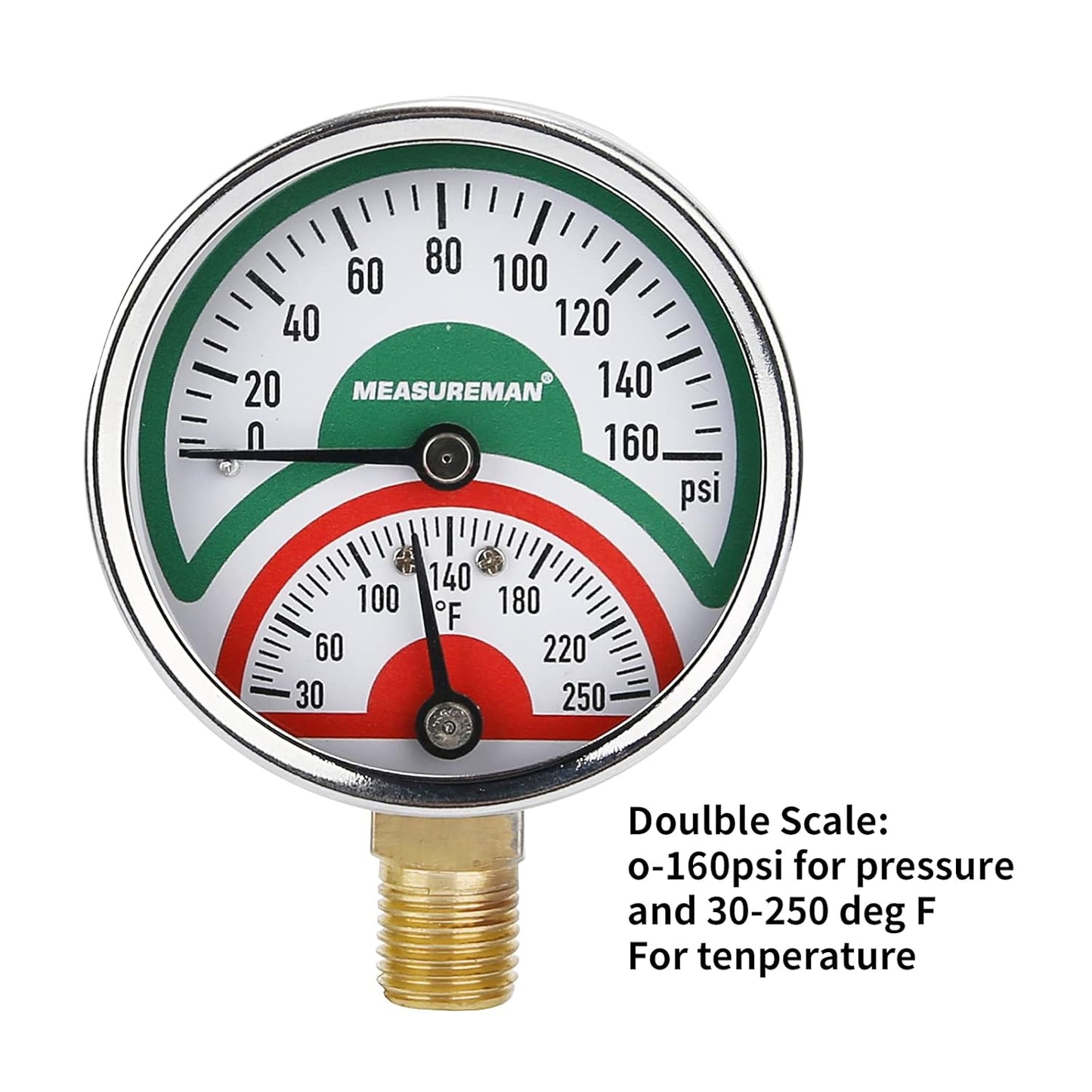 Measureman Tridicador, termo-manómetro, 2-1/2 pulgadas, relleno de aceite de silicona, 0-160 psi/30-250 grados F, caja de acero inoxidable, medidor de presión de montaje inferior NPT de 1/4 pulgadas