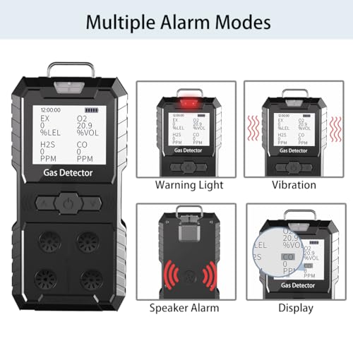 Detector de 4 gases, 4 monitores de gas portátil Detector de gas múltiple H2S, O2, CO y EX Pantalla LCD recargable Monitor H2s, sensor de calidad, medidor de gas de 13.1 ft (negro)