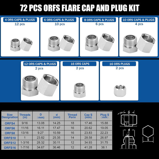 XJX - Juego de 72 tapas y enchufes ORFS, kit de tapones y tapones de manguera hidráulica 45# juego de accesorios de tubería de acero con roscas de precisión