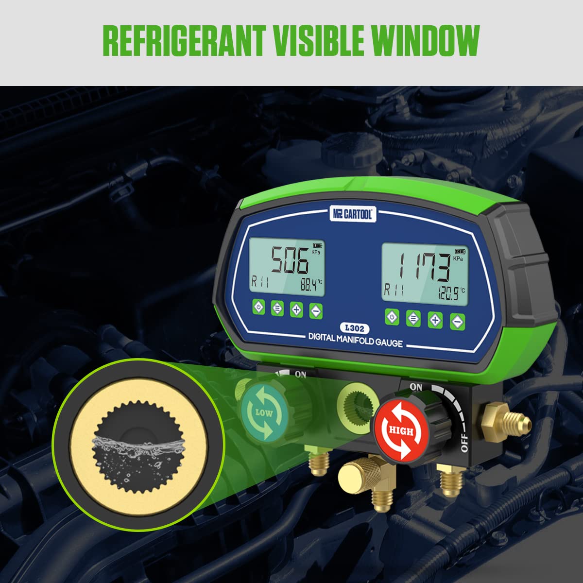 MR CARTOOL L302 - Juego de medidores digitales de 2 válvulas, sistemas refrigerantes HVAC, herramienta de comprobador de presión de fugas con 3 mangueras para aire acondicionado, refrigeración y