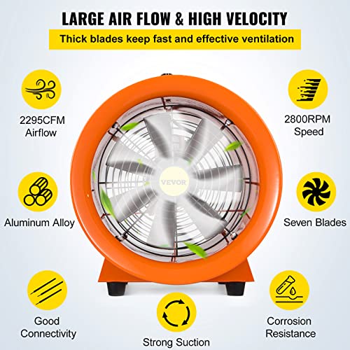 VEVOR Ventilador de ventilador utilitario, 12 pulgadas, 520 W, 2295 CFM, ventilador de alta velocidad con manguera de conducto de 32.8 pies, ventilador de ventilación portátil, extractor de humos para