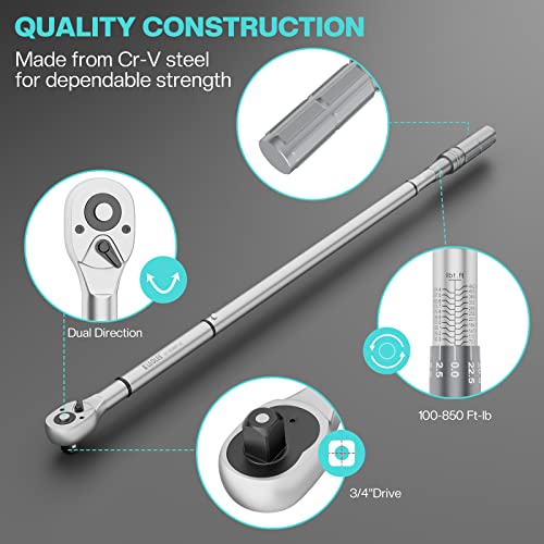 Leolee Llave dinamométrica 3/4, (100-800ft-lbs/135-1084NM), 47.24 pulgadas (47.2 in), llave dinamométrica ajustable con ±3% de precisión y rosca LH/RH, herramientas mecánicas de precisión para