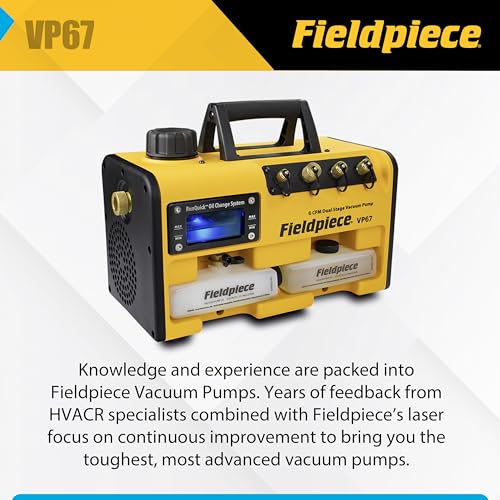 Fieldpiece Bomba de vacío VP67 – 6 CFM, motor CC de 1/2 HP, sistema de cambio de aceite RunQuick – Portátil – Herramienta profesional HVAC – Compatible con A2L