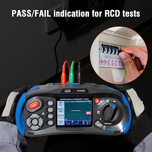 CEM Probador de instalación multifunción DT-6650 con kit de prueba de resistencia a tierra – Incluye sondas, cables (rojo, verde, amarillo), varillas de hierro y clips de soporte 400V TN