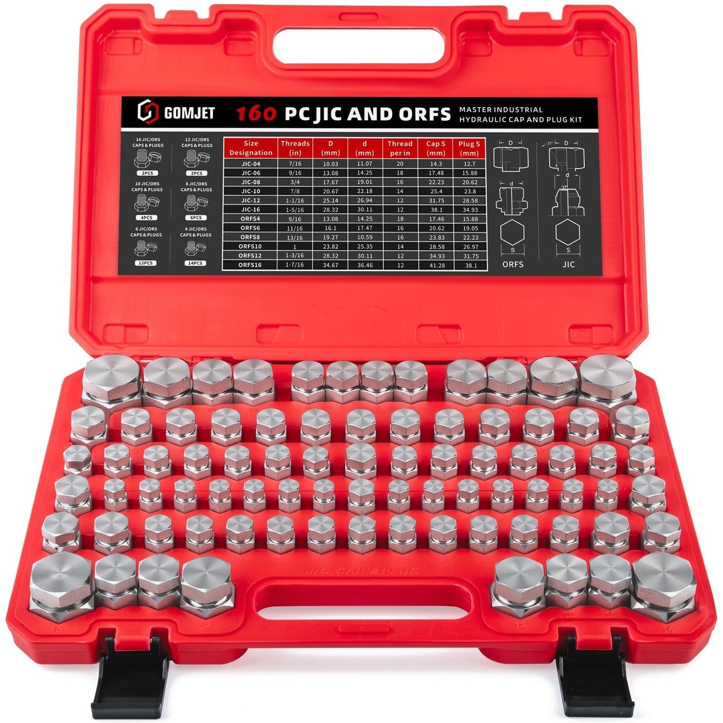 JIC y ORFS Master - Kit de tubo de manguera y tapón hidráulico industrial JIC y ORFS Master de 160 piezas, roscado de precisión en ORFS y tamaños de tablero de 37° 4 6 8 10 12 16