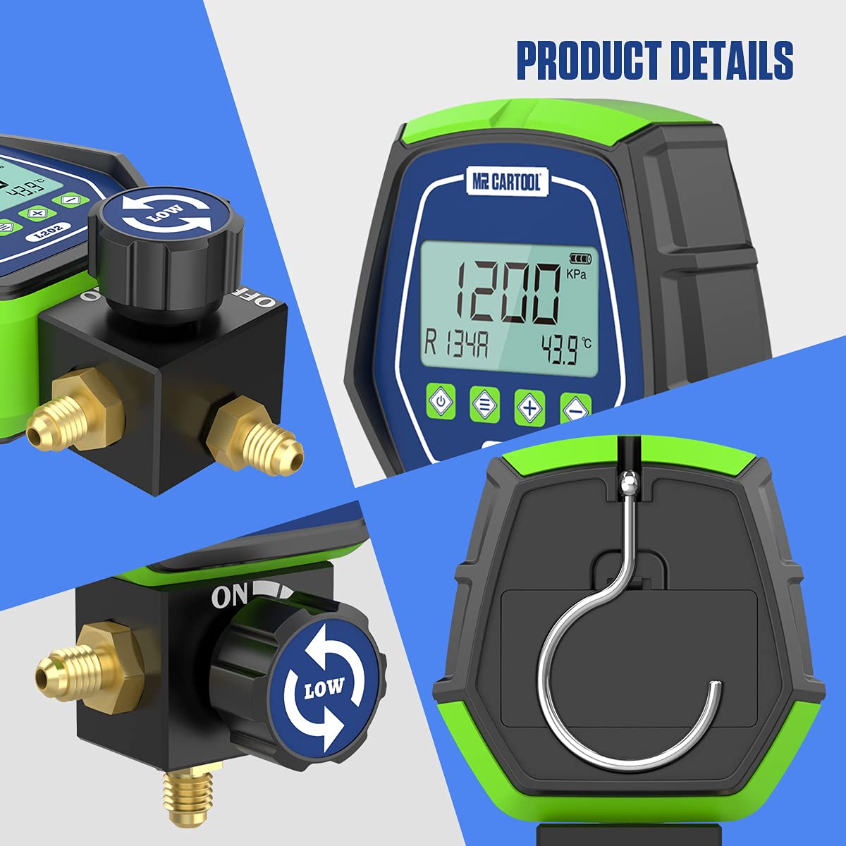 MR CARTOOL L302 - Juego de medidores digitales de 2 válvulas, sistemas refrigerantes HVAC, herramienta de comprobador de presión de fugas con 3 mangueras para aire acondicionado, refrigeración y