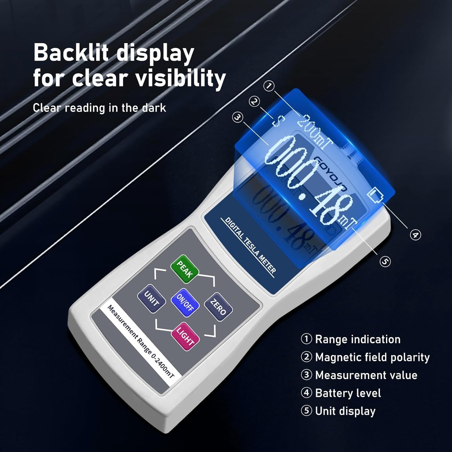 Medidor de Gauss digital portátil 0-2400mT con sonda de metal Probador de campo magnético de superficie de alta precisión Grabación de datos automática/manual Tiene precisión de función N/S ± 5%