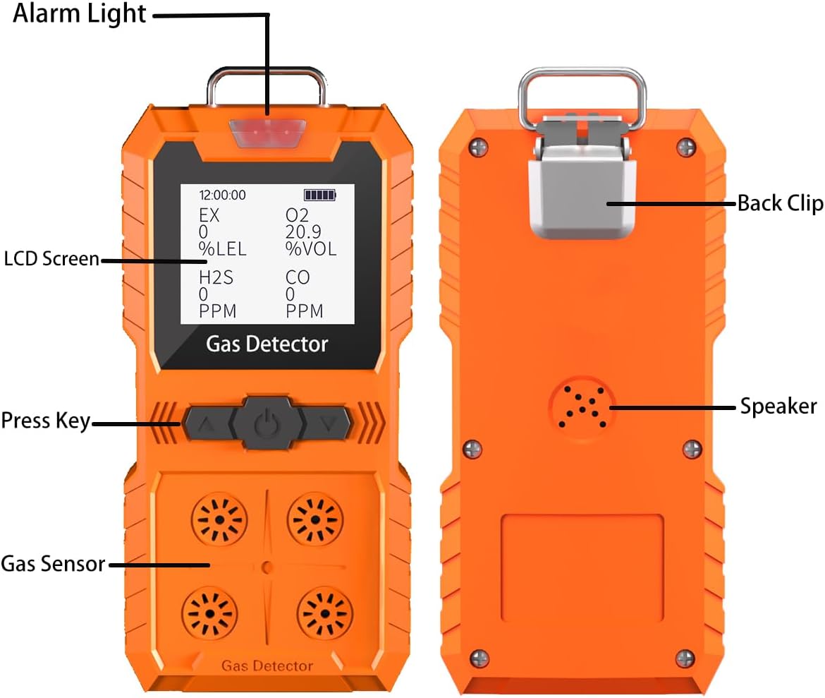 Detector de 4 gases, 4 monitores de gas portátil Detector de gas múltiple H2S, O2, CO y EX Pantalla LCD recargable Monitor H2s, sensor de calidad, medidor de gas de 13.1 ft (negro)