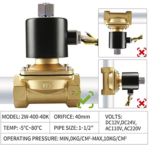 Baomain Válvula electromagnética normalmente abierta de latón neumático de 1-1/2 pulgadas 2 vías de agua, aire 2W-400-40K (DC 12V)