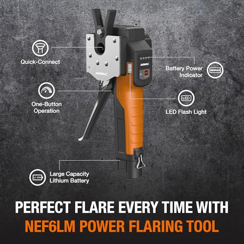 NAVAC NEF6LM Herramienta de abocinación eléctrica BreakFree, herramienta de llamarada para tubería de cobre, diámetro exterior máximo de 3/4 pulgadas, troqueles y medidor de llamarada, batería de