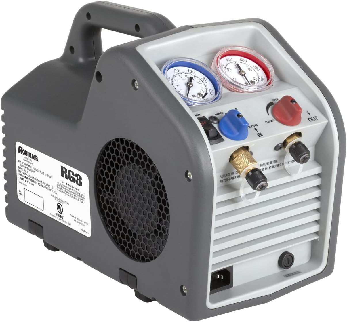 Robinair RG3 - Máquina de recuperación de refrigerante portátil - 115 V, 60 Hz, para refrigerante líquido y vapor, color blanco