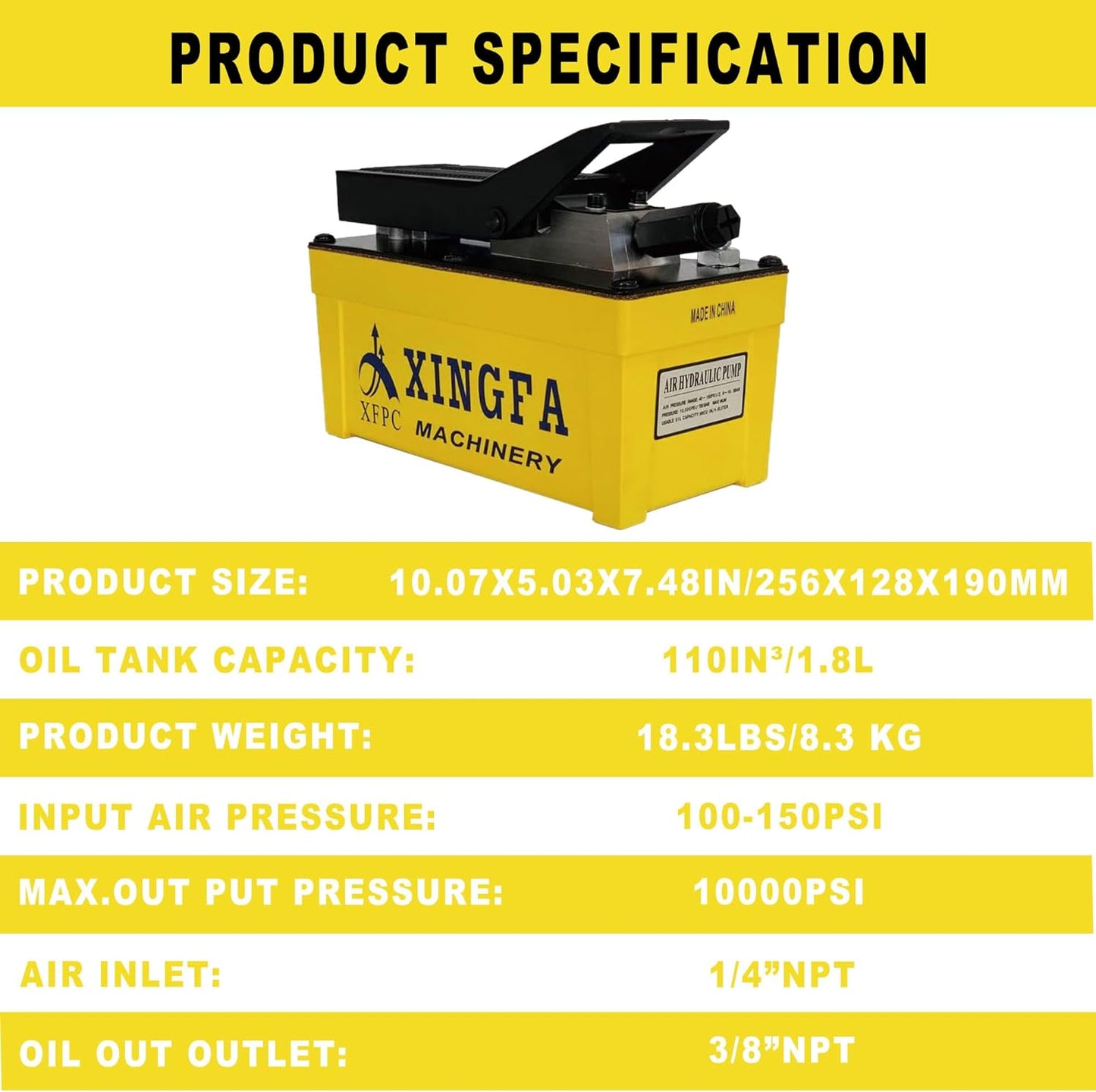 XFPC Bomba hidráulica de aire 10,000 PSI, depósito de 1,7 L, salida de aceite NPT de 3/8 pulgadas, entrada NPT de 1/4 pulgadas, bomba hidráulica de aire hidráulica, amarillo