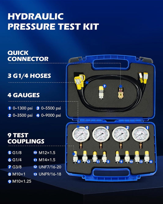 Orion Motor Tech Kit de prueba de presión hidráulica con 4 indicadores 1300 3500 5500 9000 psi, 9 acoplamientos de prueba, conector rápido y 3 mangueras de prueba, kit de medidor hidráulico para