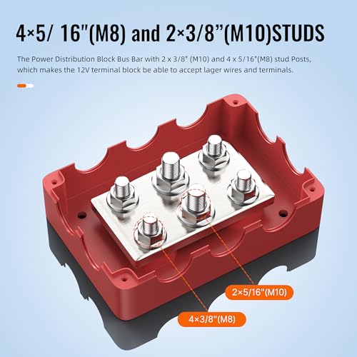 Joinfworld Bloque de distribución de energía impermeable de barra de bus de 500 A resistente al agua con 4* 5/16 "(M8)+2* 3/8 "(M10) Studs 48V DC Bloque de distribución de terminales de batería marina
