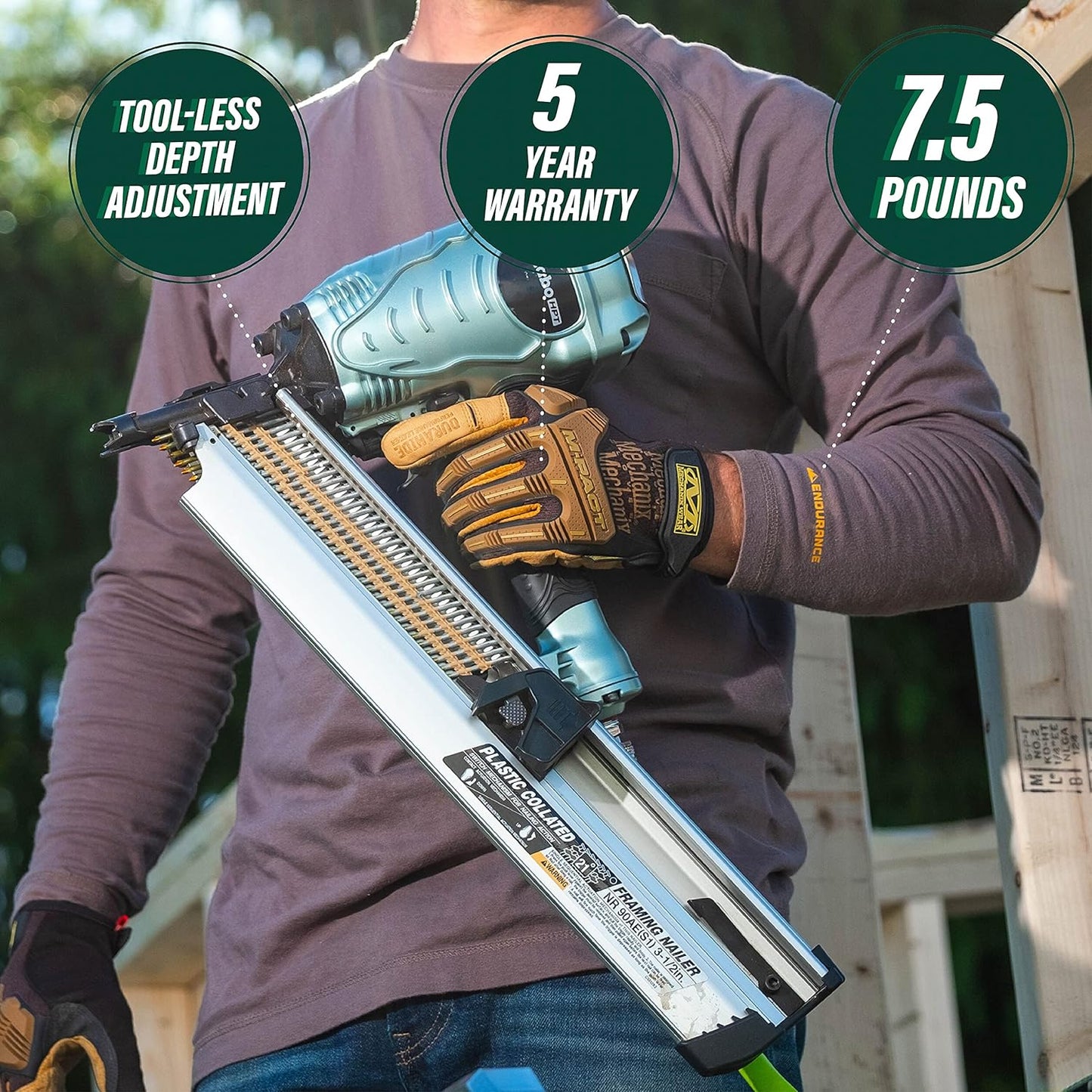 Metabo HPT Clavadora de enmarcado, la marca Pro Preferred de clavadoras neumáticas, revista de 21°, acepta clavos de enmarcar de 2 a 3-1/2 pulgadas, (NR90AES1)