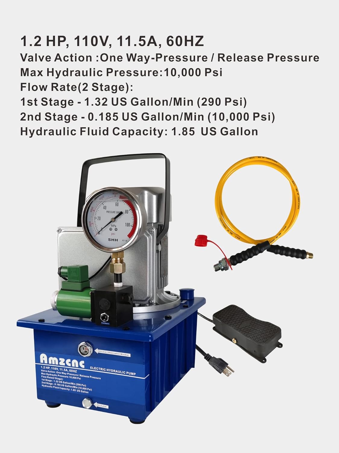 Bomba hidráulica eléctrica, unidad de 2 etapas, acción única, 110 V, 10 K psi, 10000 Psi, unidireccional,