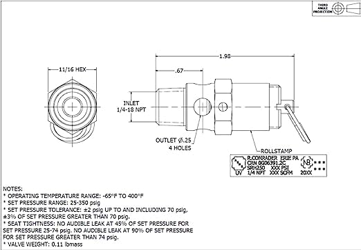 Válvula de alivio de presión industrial de repuesto para asiento duro Ingersoll Rand 31385693. Construcción de latón, 1/4 pulgadas NPT, fabricado en los Estados Unidos (200 PSI / 168 SCFM)