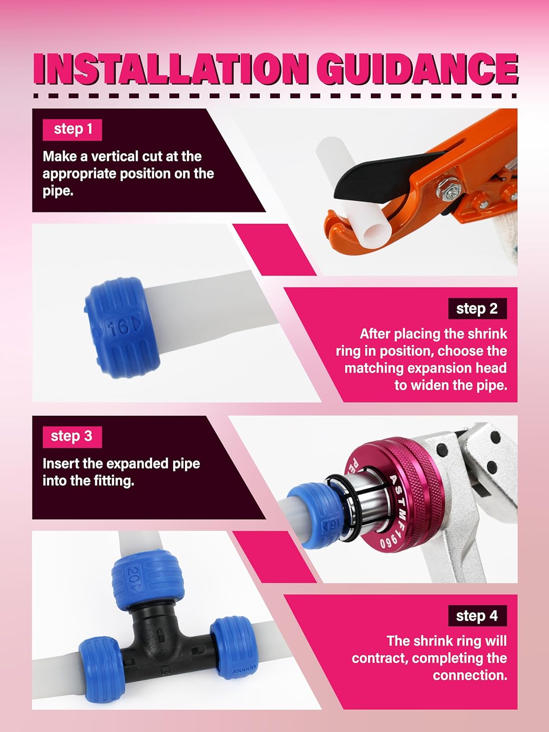 AMZCNC PEX - Kit de herramientas de expansión manual para tubos ASTM F1960 Kit de herramientas de expansión PEX estándar con cabezales de expansión de 1/2", 3/4" y 1" para tuberías PEX-a - Incluye