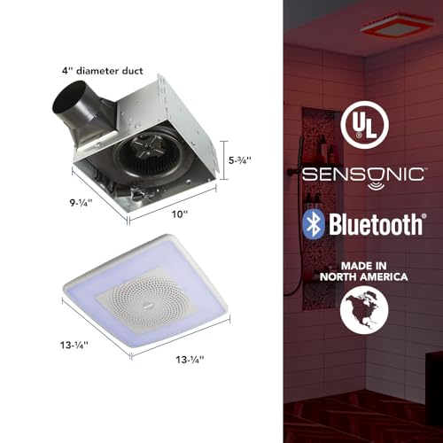 Broan-NuTone ChromaComfort SPK110RGBL - Extractor de baño con altavoz Bluetooth, potente 110CFM/1.5 Sones, luz LED de 24 colores, SPK110RGBL, interruptor de pared