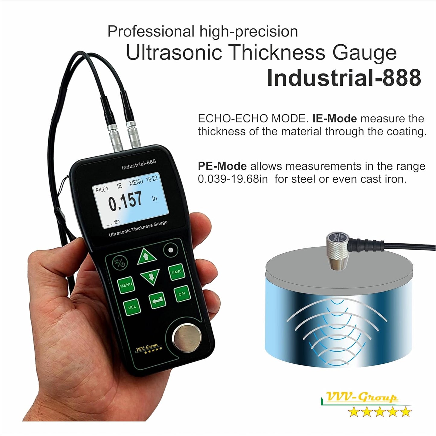 Medidor de espesor ultrasónico Industrial-888 / Modo Eco-Echo mide a través del recubrimiento de hasta 19.685 mils (500 micras) / Rango de 0.039-19.685 pulgadas (todo el material)