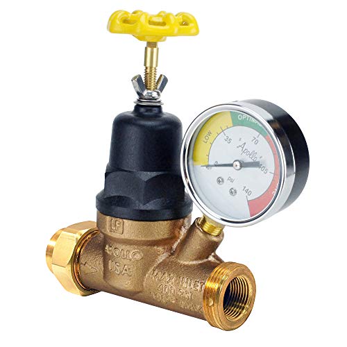 Apollo Regulador de presión de agua roscado de doble unión de bronce de 3/4 "con manómetro